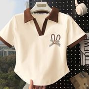 女童T恤2024夏季夏装中大童短袖洋气拼接Polo领体恤儿童上衣