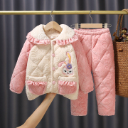 冬季女童牛奶绒睡衣，套装三层加厚夹棉法兰绒，女孩宝保暖家居服