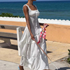 H家欧美女装 海岛假日度假风方领系带吊带长裙纯色波西米亚连衣裙