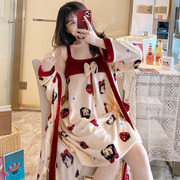台湾珊瑚绒睡衣女长袖春秋，冬季可爱性感，系绳睡袍睡裙两件套浴袍家