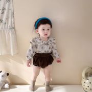 韩版春秋款女宝婴儿套装，碎花衬衫长袖，上衣甜美花边包包短裤两件套