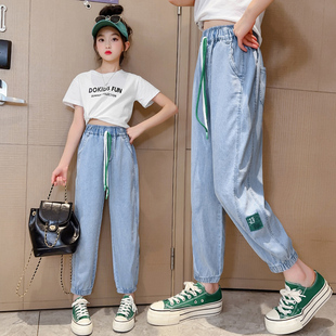 女童夏季牛仔裤2023夏装大龄儿童韩版裤子薄款绿标天丝束脚裤