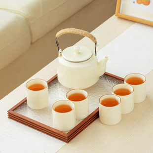 提梁壶茶具套装家用陶瓷简约小清新现代陶瓷大号茶壶茶杯功夫整套