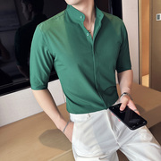 中式立领中袖衬衫男短袖夏季高级感暗扣修身休闲痞帅气五分袖衬衣