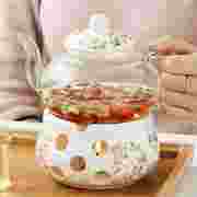 陶瓷花茶壶花茶具透明杯，玻璃花草水果，花果茶壶耐热蜡烛加热套装
