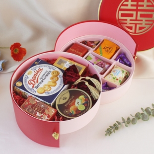 创意双层圆形喜糖喜饼大礼盒成品，中式婚礼精美伴手礼中国风回礼