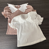 日系100-150AF女童纯棉T恤蕾丝领口大翻领泡泡袖儿童童装短袖