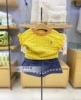 韩国童装 夏女童宝宝黄色泡泡棉木耳花边衬衣 刺绣短裤套装