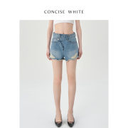 CONCISE-WHITE简白 做旧破洞高腰牛仔短裤女2023春季
