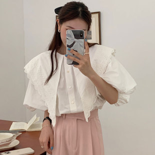 韩国chic夏季法式温柔尖尖领重工拼接蕾丝花边灯笼袖衬衫上衣女