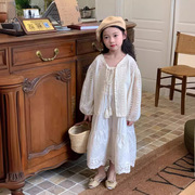 儿童女童裙套装2024夏季韩版女孩镂空毛衣开衫吊带裙两件套
