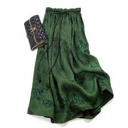 新中式轻国风暗纹提花半身裙女夏季高腰系带宽松大摆绿色a字长裙