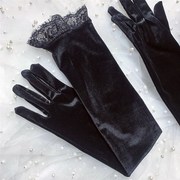 黑色丝绒长款手套蕾丝花边，时尚写真拍照影楼配饰女士复古手套