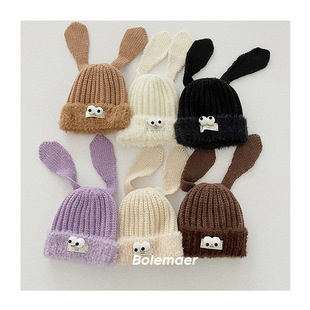 儿童毛线帽韩系可爱长长的兔耳朵眼睛加绒毛线帽冬季加厚针织帽子