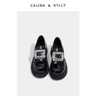 CALINA&KTLLY乐福鞋厚底方扣水钻粗跟黑色一脚蹬jk玛丽珍鞋小皮鞋