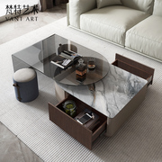 轻奢茶几钢化玻璃小户型，现代简约客厅个性化旋转岩板茶台桌高级感