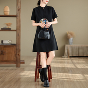 新中式民族风女黑色短款改良版宽松显瘦中国风连衣裙子黑色中裙子
