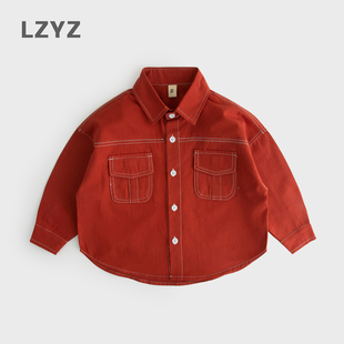 LZYZ童装儿童衬衫红色男童衬衣小童宝宝上衣2023春秋春装纯棉