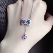 小肥珠宝 天然紫水晶项链女925纯银紫色宝石蝴蝶结可爱潮流减龄首