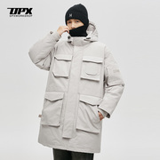 DPX潮牌美式冬季连帽工装羽绒服男生加厚保暖白色口袋派克服外套