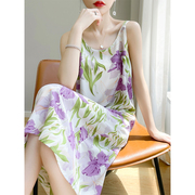 通勤百搭夏季女士u型，无袖淡紫花，宽松休闲吊带连衣裙简约长裙