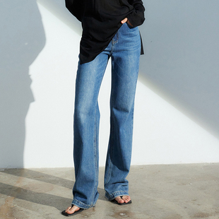 秘密盒子腿长一米八超模裤可可法式深蓝色高腰宽松直筒牛仔裤