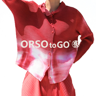 orso原创设计师褶皱女装扎染长袖，女衬衫大码高端上衣红色翻领