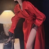 高端轻奢红色大衣外套，名媛气质慵懒风西装，领廓形长款风衣女