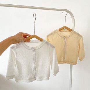 2024夏季婴儿童女宝宝圆领蕾丝花边，防晒空调服开衫长袖薄款小外套