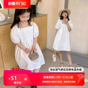 母女装夏装连衣裙女童气质，款法式公主，裙中小童韩版方领白色长裙子