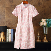 夏季天丝提花粉色改良版，旗袍年轻款少女，立领修身短袖连衣裙230410