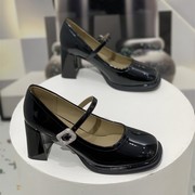 欧洲站女鞋2024春秋欧货韩版方头粗跟一字扣带玛丽珍高跟单鞋