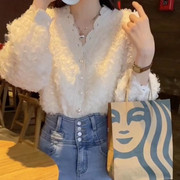 HChen韩国直邮法式蕾丝边波浪领小众浪漫设计感花瓣衬衫