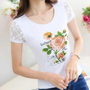 白色T恤女短袖夏季韩版学生印花镶钻上衣女士修身显瘦打底衫