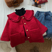 女童大衣2023年冬季新年小童洋气气质翻领红色加厚夹棉中长款外套