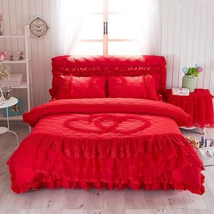 新婚加棉床罩式四件套公主风荷叶边床裙1.8m米蕾丝大红色婚庆床品