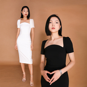 brandbymei时尚女魔头，系列u型领优雅修身纯色，铅笔连衣裙