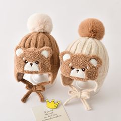 宝宝帽子秋冬季小熊毛球针织帽婴幼儿套头系带女童男童护耳毛线帽