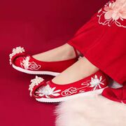 原创古风汉服鞋子女夏季平底秀禾婚鞋红色中式民族国风绣花鞋