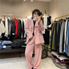 韩版宽松大码女装宽松粉色西装外套+长裤两件套休闲时尚西服套装