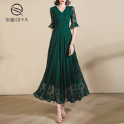 收腰显瘦法式连衣裙夏季女装2024荷叶袖气质减龄长款绿色裙子
