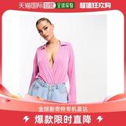 香港直邮潮奢 ASOS 女士设计紧身衬衫式深V领粉色连体衣