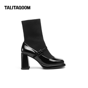 talitaqoom时装靴女2023秋冬季袜靴粗跟超高跟一字带漆皮短靴