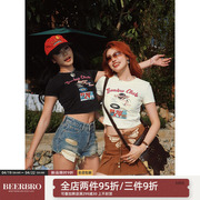 BeerBro 美式复古街头风短袖T恤女夏欧美vintage潮牌辣妹短款上衣