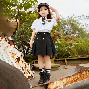 琦瑞德泽女中童海军风套装2023年夏季女孩时尚酷炫纯棉2件套