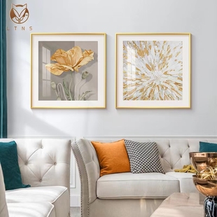 简约美式餐厅装饰画现代轻奢客厅金色抽象背景，挂画正方形玄关壁画