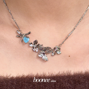booneealus小众原创设计项链2024春季花朵，蓝色锆石蝴蝶项链