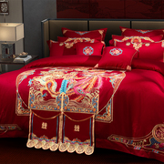 高端140支匹马棉刺绣，四件套100全棉，大红色婚庆龙凤被套中式床品