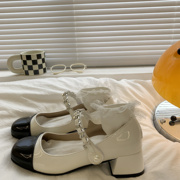白色复古粗高跟玛丽珍小皮鞋，女春秋季2024夏法式(夏法式)仙女风单鞋子