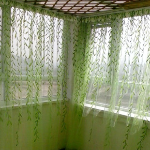 田园风格窗纱成品绿色柳叶，纱帘客厅卧室阳台落地窗全遮光窗帘